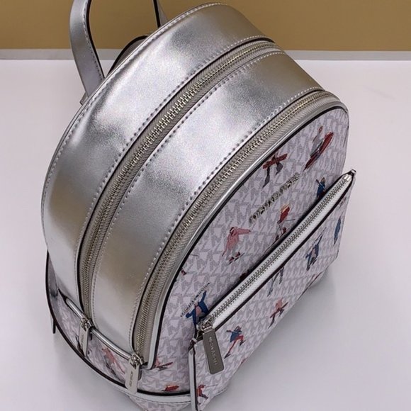 Michael Kors Jet Set Girls Adina Medium Backpack Bright White Silver Multi - Picture 12 of 16